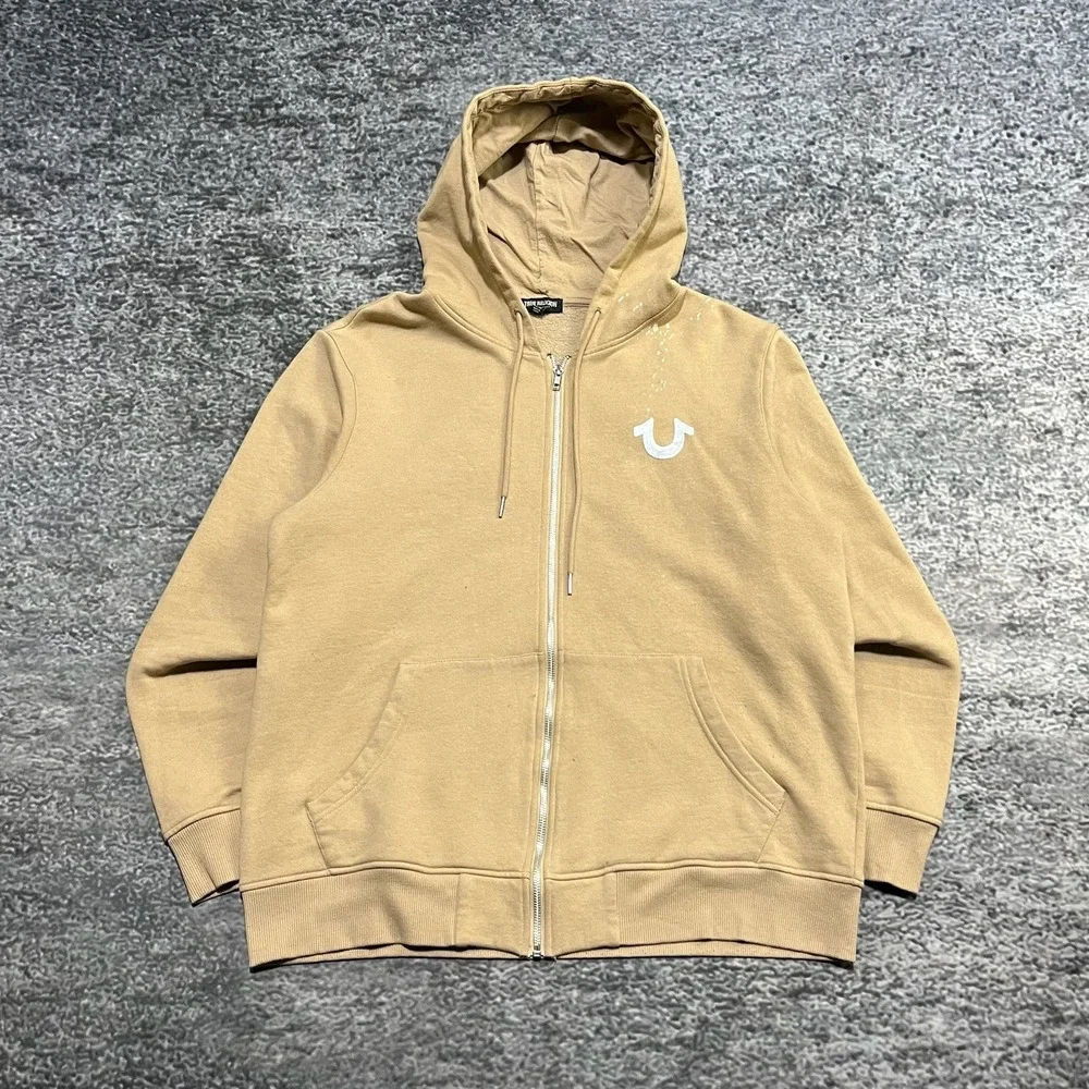 True Religion‎ Zip Up Hoodie Mens XL Beige Logo Graphic Y2K